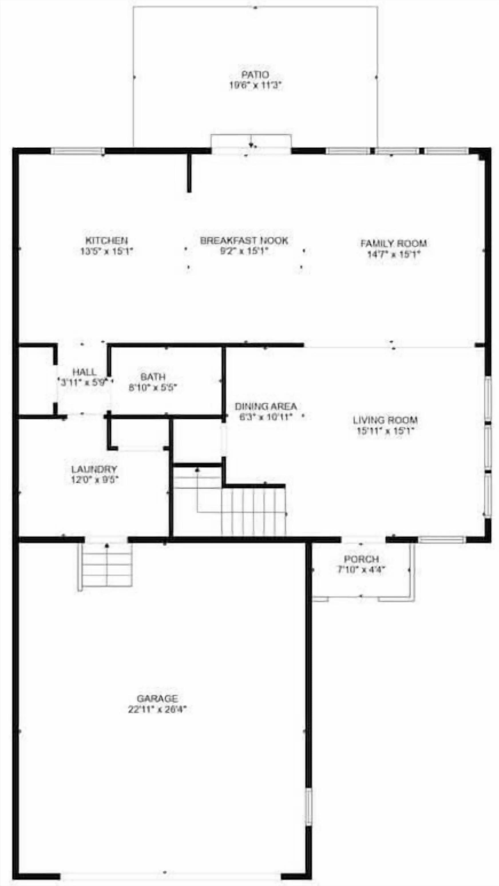 Plano de planta que muestra una cocina, rincón de desayuno, sala de estar familiar, comedor, sala de estar, baño, pasillo, lavandería, porche y garaje.
