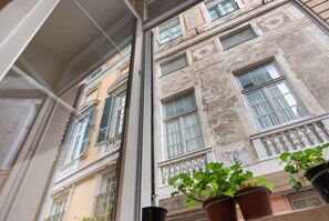 A view through a window of a building with multiple floors, balconies, and a potted plant in the foreground.