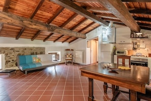 Une pièce spacieuse avec un haut plafond en bois, un canapé, une table à manger et un coin cuisine.
