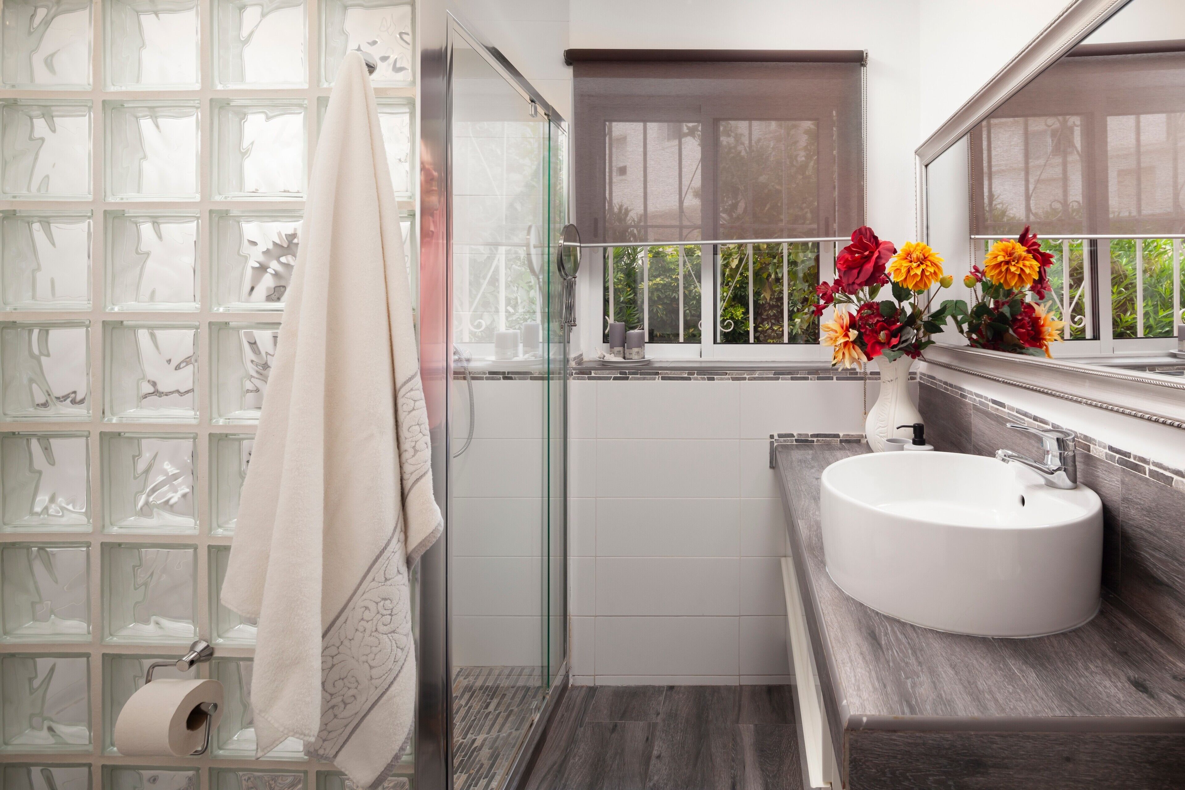 Shower, hair dryer, towels
