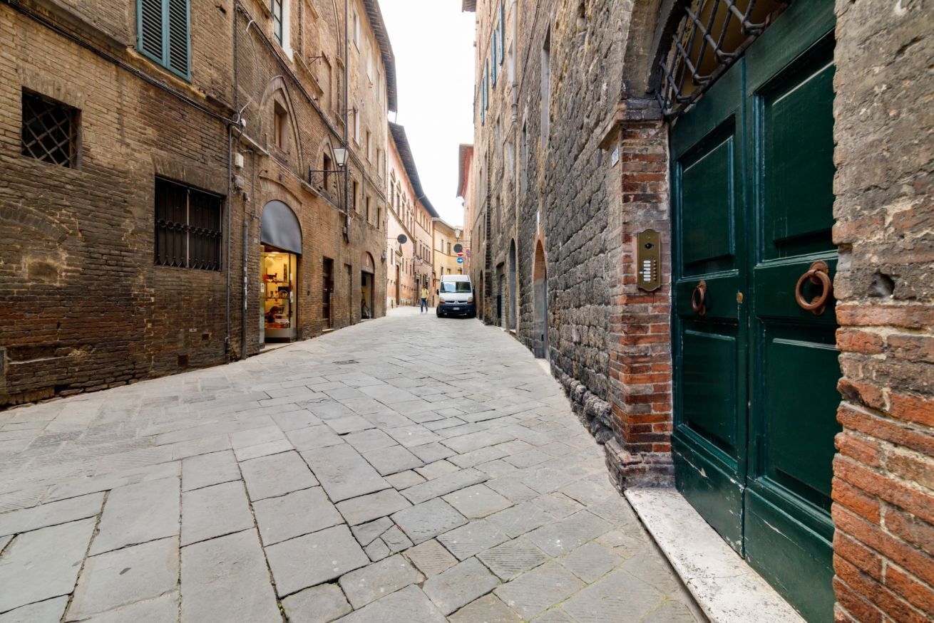 A narrow alleyway with brick buildings, a green door, and a parked van.