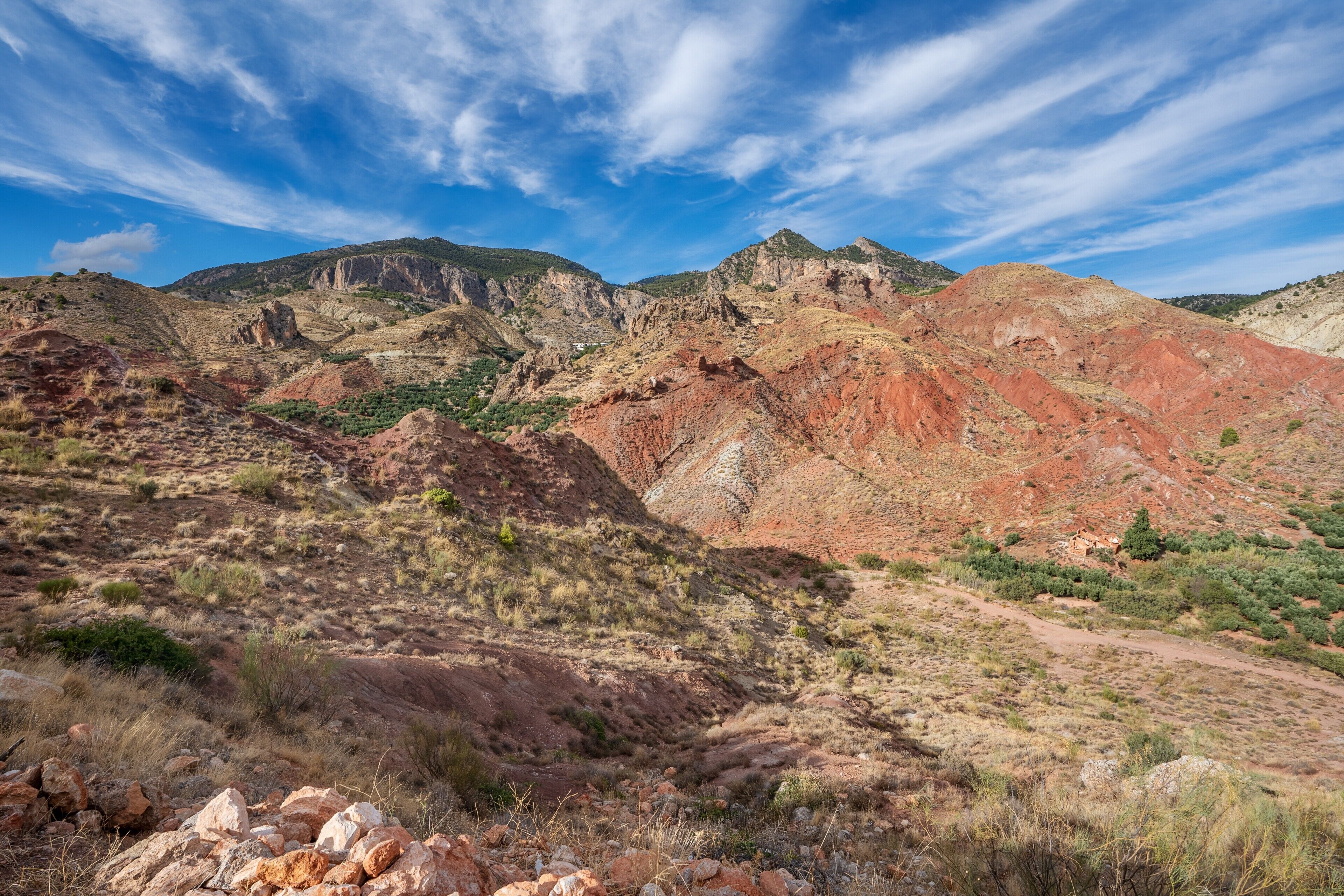 A rugged landscape with rocky terrain and sparse vegetation.