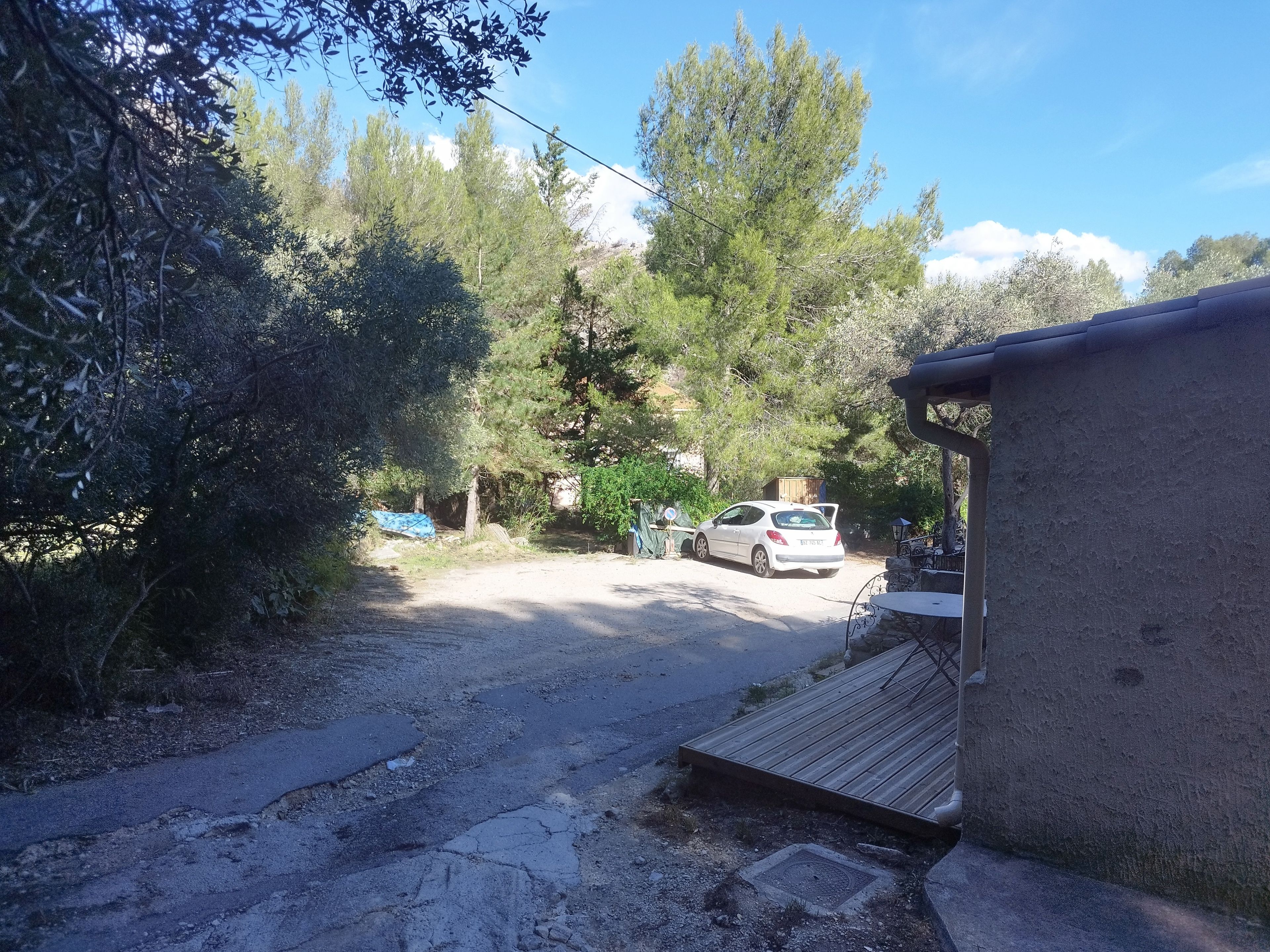 Una strada sterrata conduce a un'auto parcheggiata, circondata da alberi e una struttura in legno.