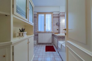 Shower, hair dryer, bidet, towels