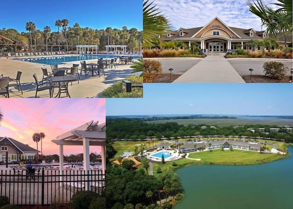 A hotel with a swimming pool, outdoor seating, and a view of the surrounding landscape.