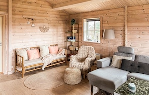 A cozy cabin interior with a wooden interior, a sofa, a chair, a lamp, and a window.