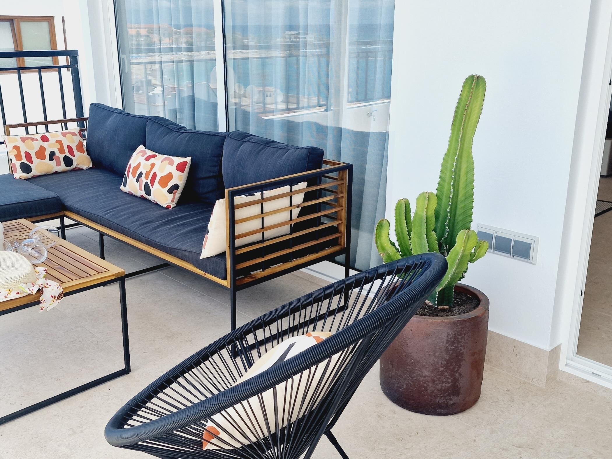 A modern living room with a sofa, a coffee table, a chair, and a potted cactus.