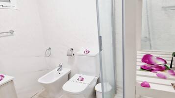 Shower, hair dryer, towels