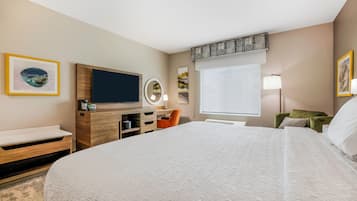 Habitación de hotel con una cama grande, televisión, escritorio con espejo y obras de arte en las paredes.