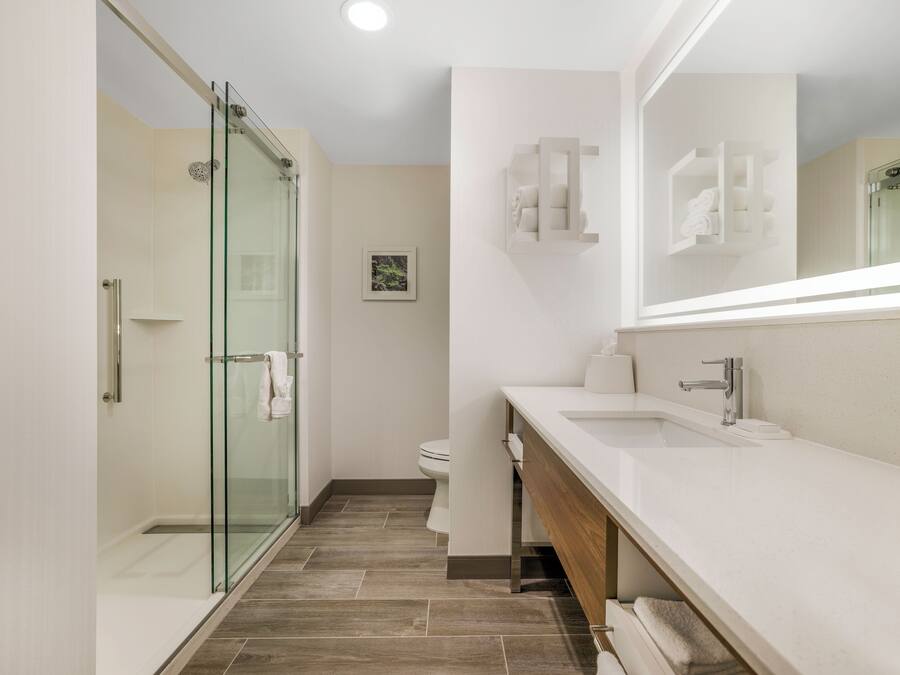 A modern bathroom with a glass shower enclosure, a white sink, and a large mirror.