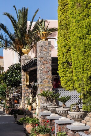 Une rue bordée de plantes en pot et un bâtiment en pierre surmonté d’un toit en tuiles.