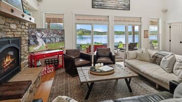 Smart TV, fireplace, books