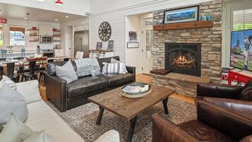 Smart TV, fireplace, books