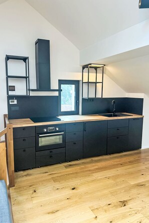 Fridge, microwave, oven, cookware/dishes/utensils