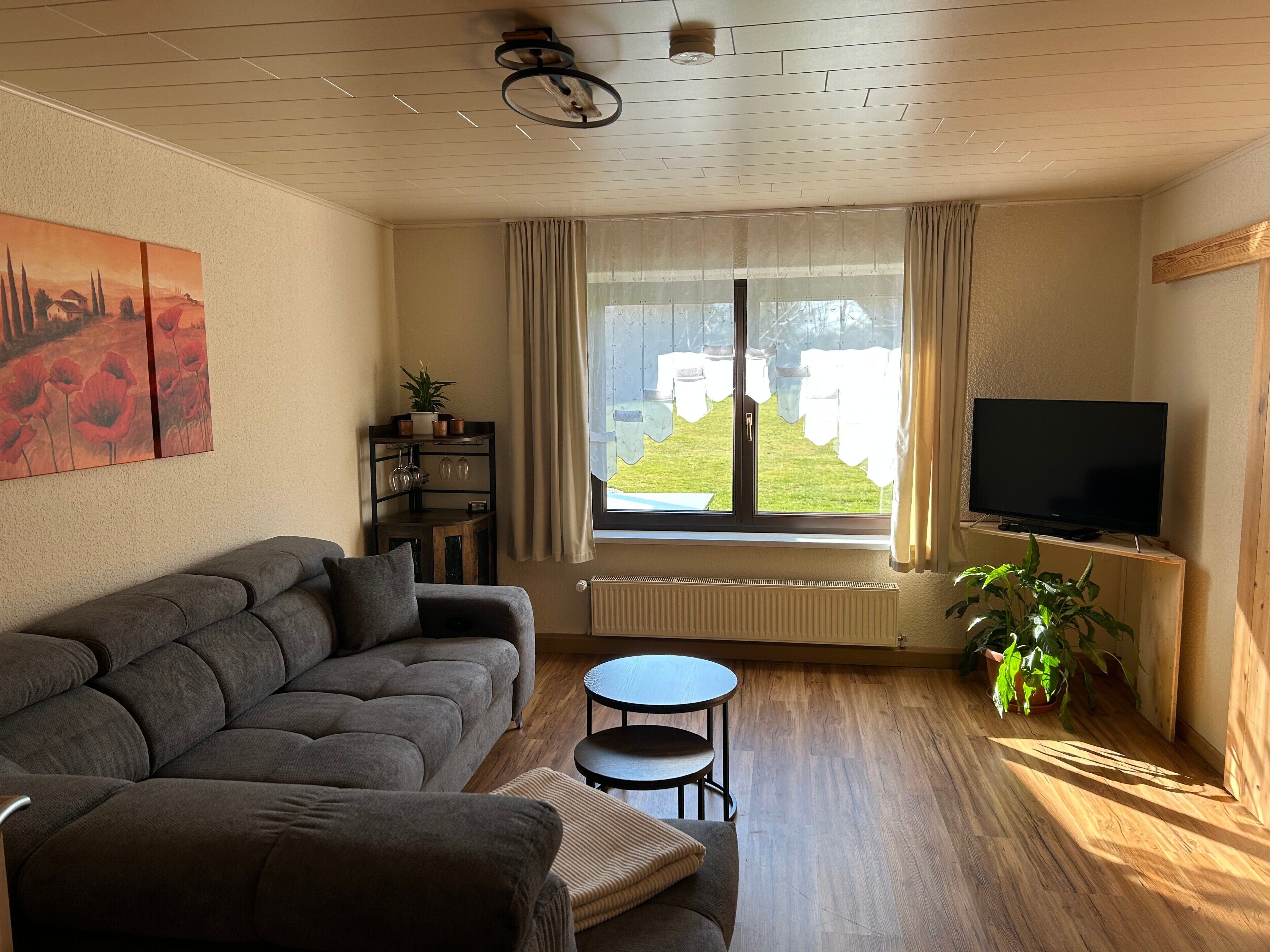 Ein Wohnzimmer mit einer Couch, einem kleinen Tisch, einem Fernseher, einem Fenster mit Vorhängen und einer Pflanze.