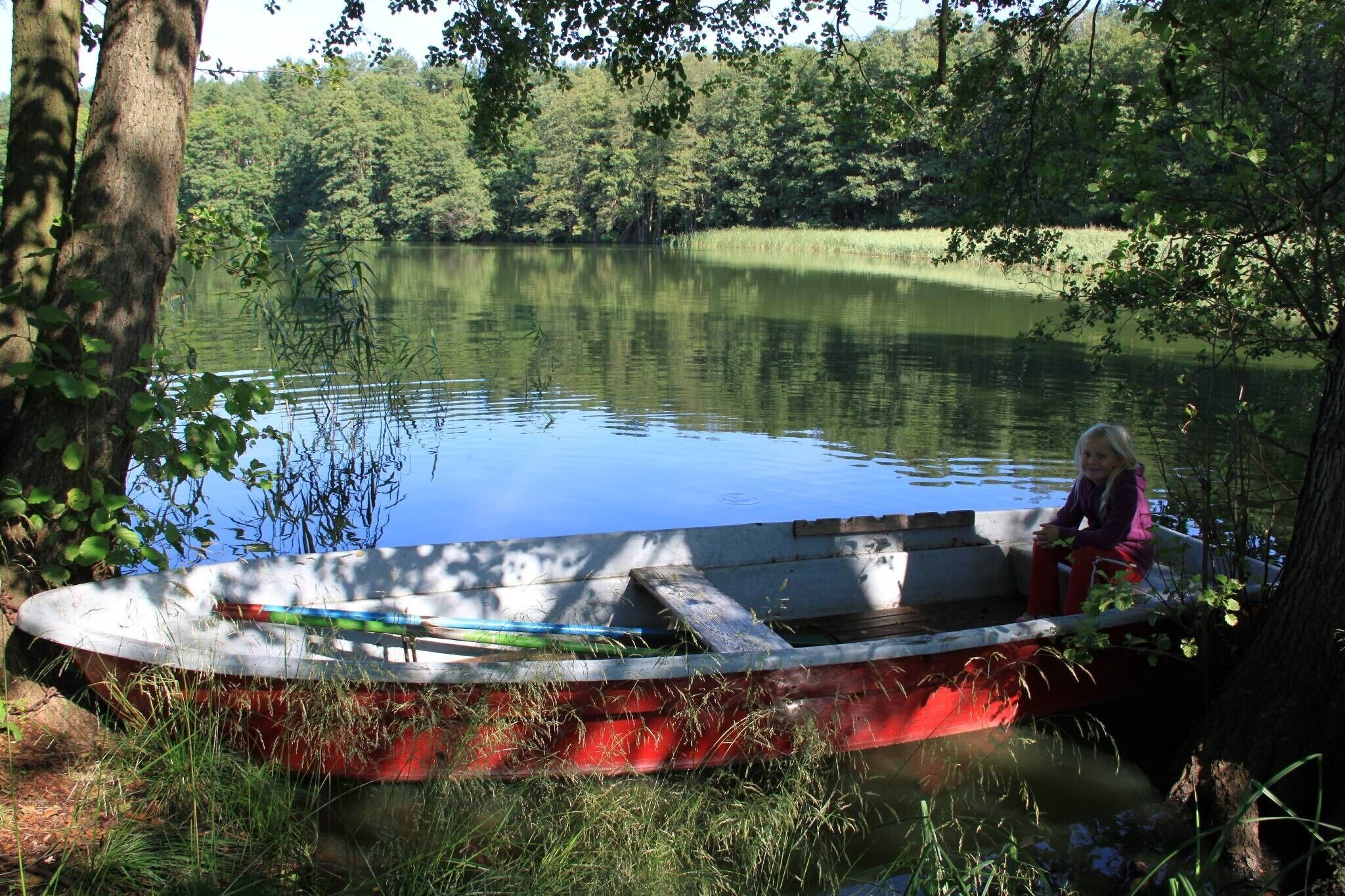 Un bateau était amarré près d’un lac paisible, entouré d’arbres.