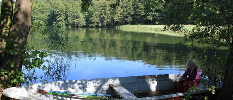 Un bateau était amarré près d’un lac paisible, entouré d’arbres.