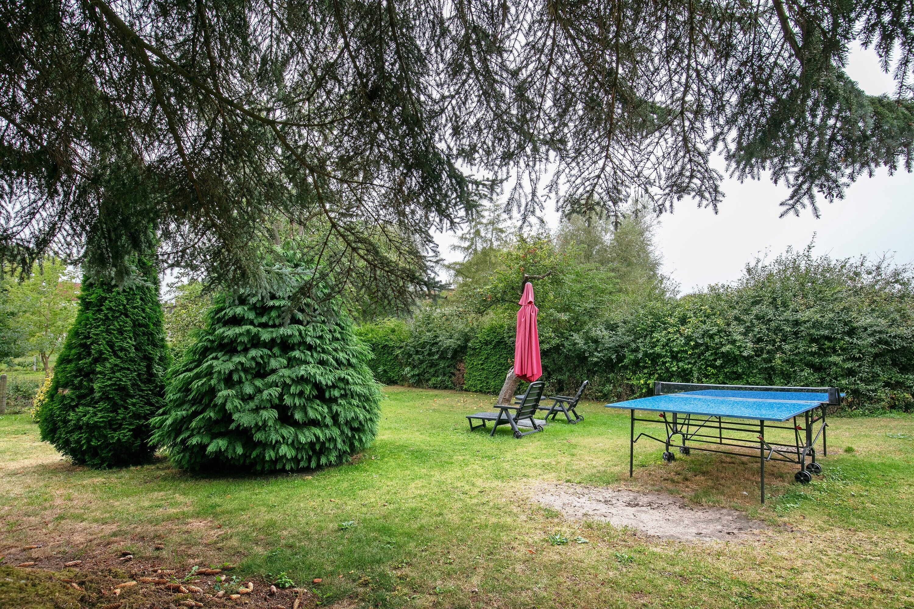 Un jardin avec une table de ping-pong, deux chaises et un parasol rouge.