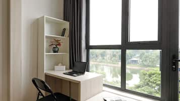 Individually decorated, individually furnished, desk, laptop workspace