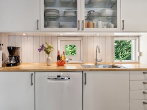 Fridge, dishwasher, cookware/dishes/utensils