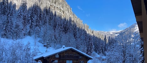A wooden lodge with a ski shop and vertical hoist, surrounded by snow-covered trees and mountains.