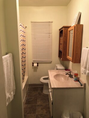 Hair dryer, towels, soap, shampoo