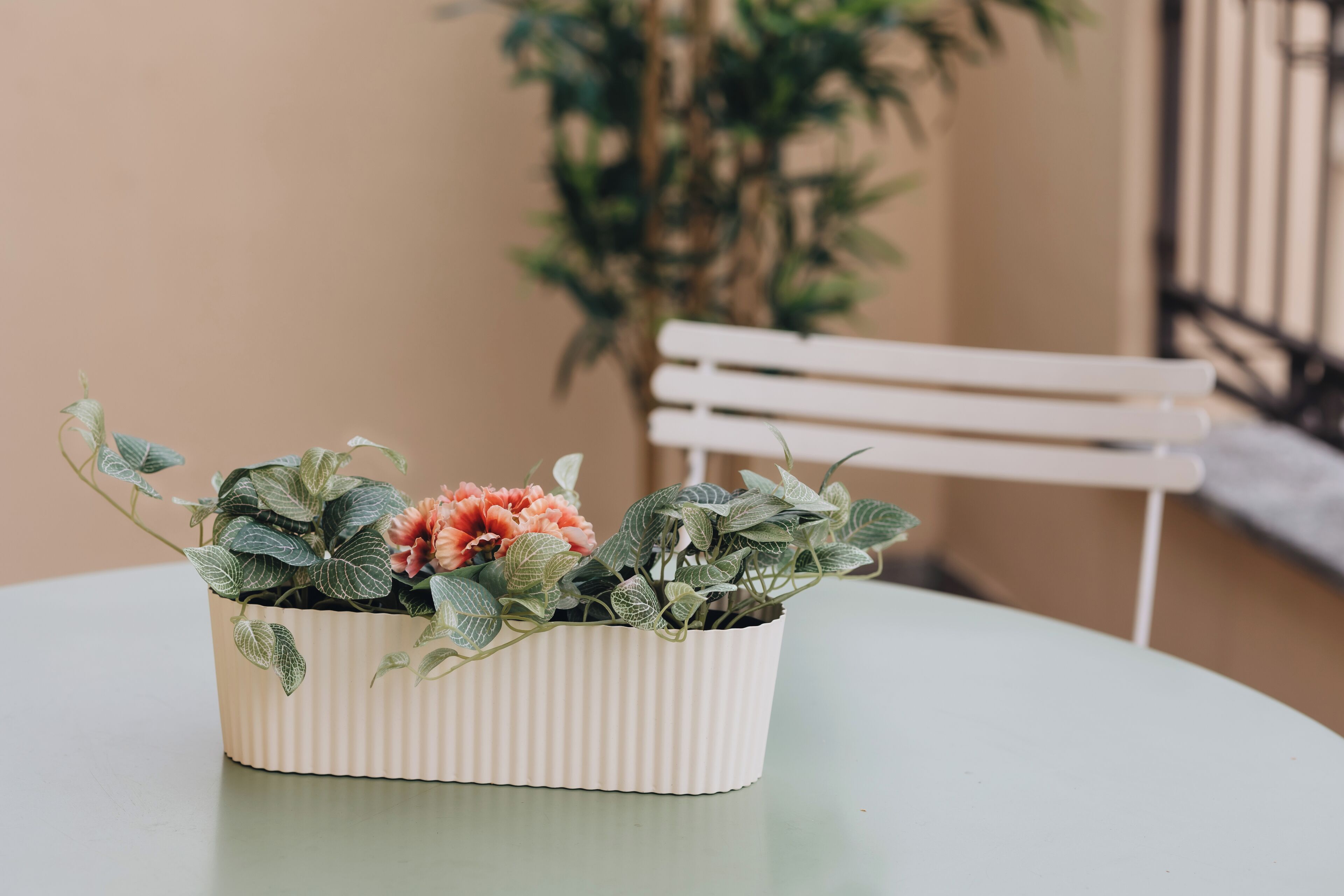 Un pot de fleurs blanc à côtes, contenant des plantes vertes et roses, posé sur une table ronde.