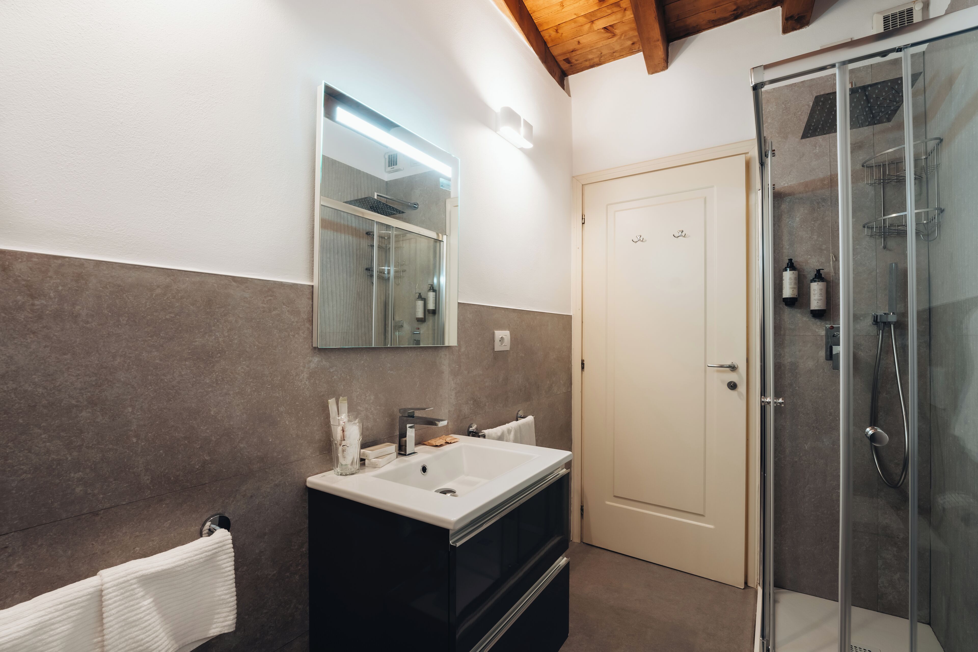 Hair dryer, slippers, towels, soap