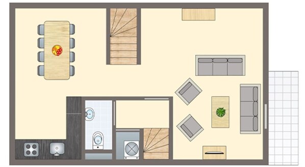 A floor plan of a hotel room with a dining area, a sofa, a small table, a kitchen area, and a bathroom. - Holiday Home in Brouwershaven by Grevelingenmeer (Brouwershaven)