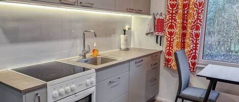 Fridge, microwave, dishwasher, cookware/dishes/utensils