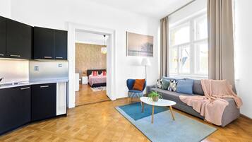 2 bedrooms, desk, iron/ironing board, travel crib