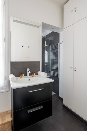 Shower, hair dryer, towels