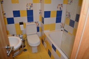 Hair dryer, bidet, towels, soap
