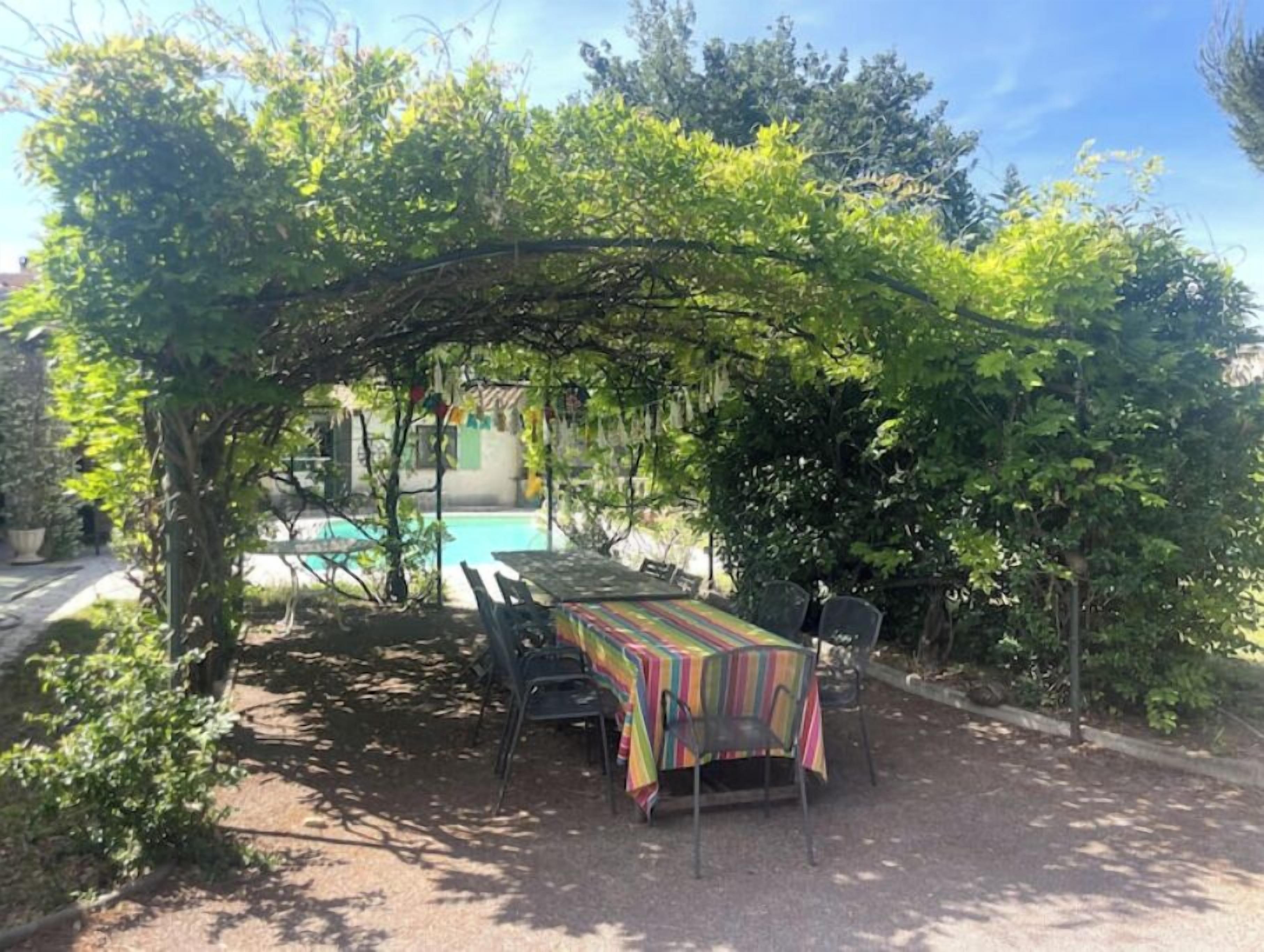 Un espace extérieur aménagé avec une table et des chaises sous une pergola, entouré d’une végétation luxuriante et avec une piscine en arrière-plan.