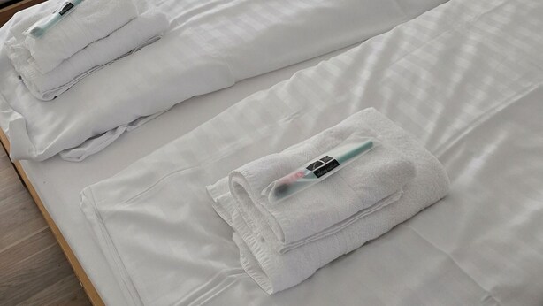 A hotel room with two single beds, each with white linens and pillows, a wooden headboard, and a bedside table with a lamp. - Charming 2-bedroom apartment in vibrant Zürich with WiFi (Zürich)