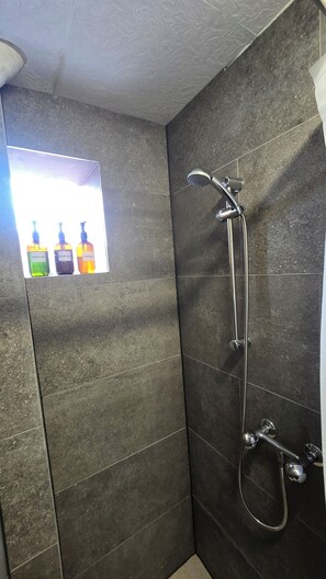 Shower, hair dryer, towels, soap