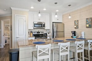 Fridge, microwave, oven, stovetop - Shell We Dance! Updated, Stylish Condo with Beach View, Resort Pool and Hot Tub! (Galveston)