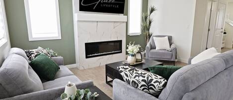 Smart TV, fireplace, books