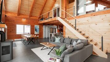 Télévision, cheminée, livres, chaßne hi-fi