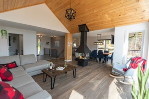 Televisie, een open haard en boeken