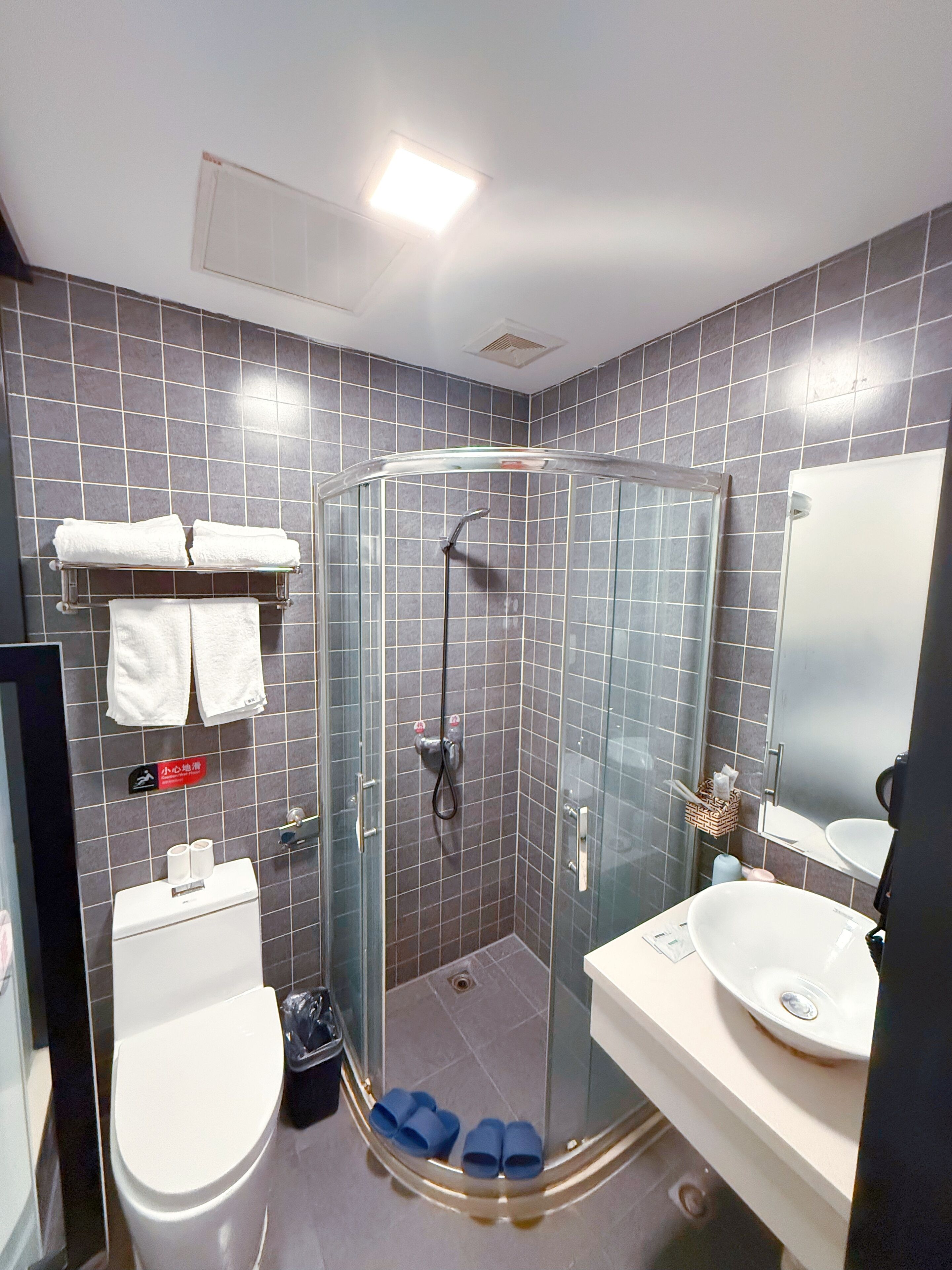 A bathroom with a glass-enclosed shower, a toilet, a sink, and a towel rack.