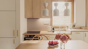 Premium-Apartment, barrierefrei, zum Garten hin | Eigene Küche | Großer Kühlschrank, Herdplatte, Geschirrspüler, Hochstuhl