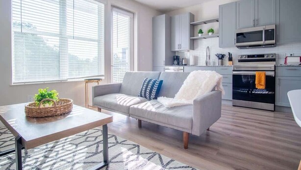 Een moderne woonkamer met een grijze bank, een salontafel en een keuken met grijze kastjes, een magnetron en een oven.