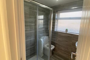 A bathroom with a glass-enclosed shower, a toilet, and a sink.