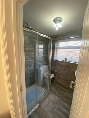 A modern bathroom with a glass shower enclosure, a toilet, and a sink.