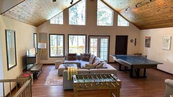 TV, fireplace, foosball