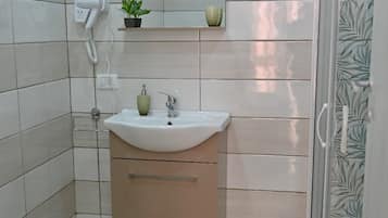 Shower, hair dryer, bidet, towels