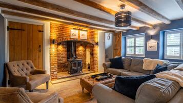 Smart TV, fireplace, DVD player, books