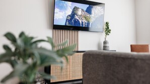 A modern living room with a flat-screen TV mounted on a wall, a wicker chair, a small potted plant, and a decorative vase. - -The Cotton House- Modern, Clean, Close to MSU! (Mankato)