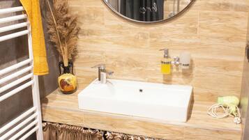 Shower, hair dryer, bidet, towels